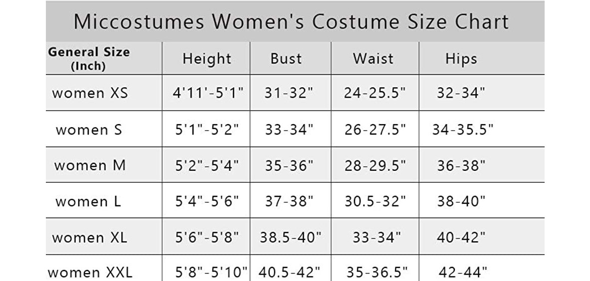 Women costume size chart - DBZ Shop